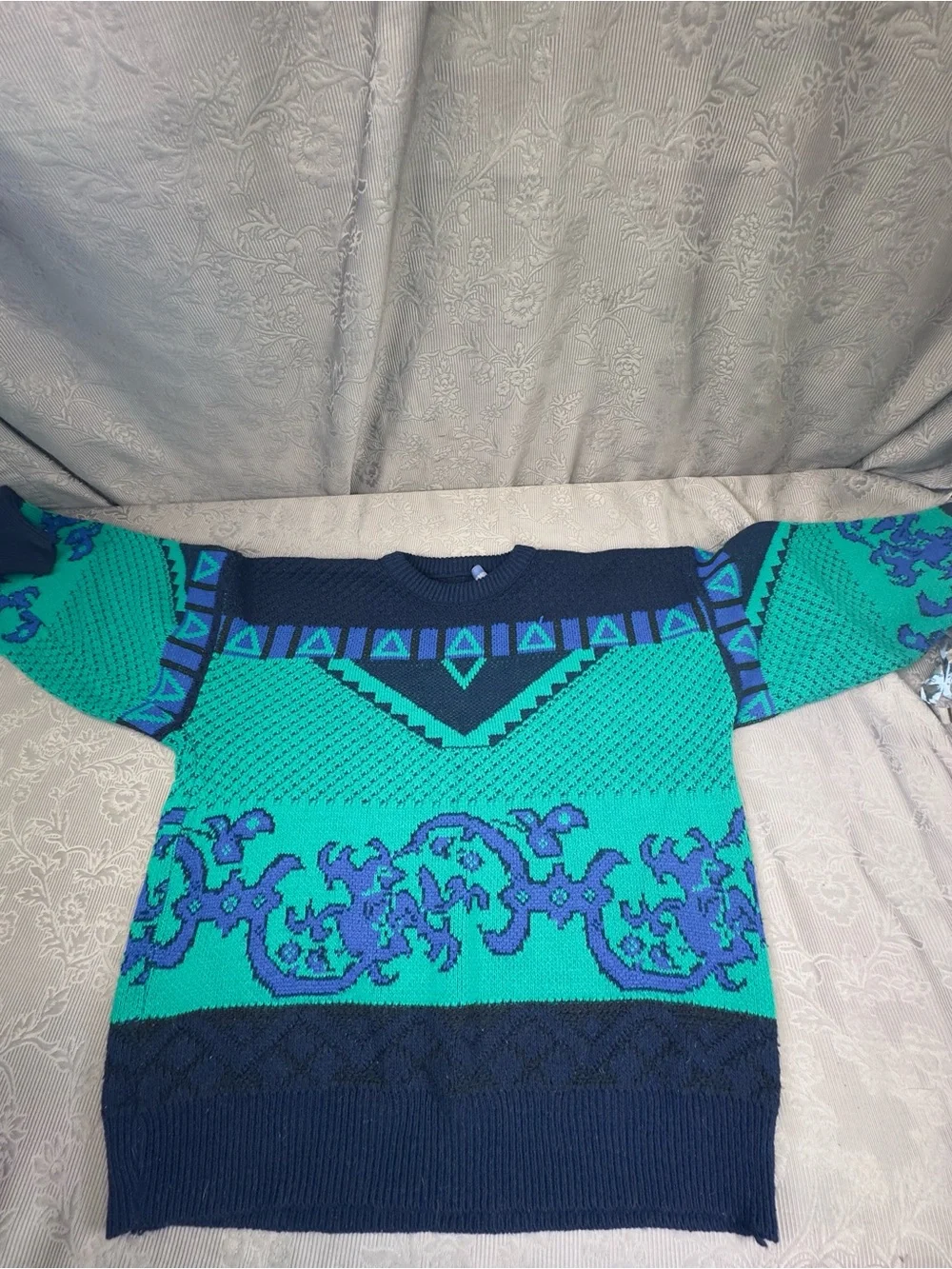 Vtg Robert Bruce Teal Navy Geo Print Long Sleeve Crewneck Sweater L